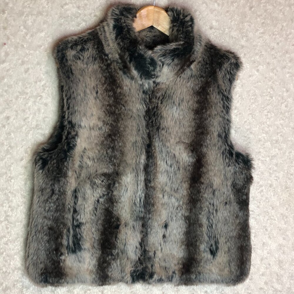 Blassport Reversible Faux Fur Vest‎ Gray Brown Striped Black Shell Womens Medium